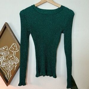 Milly Jade Green Metallic Glitter Long Sleeve Ribbed Sweater Sz.2